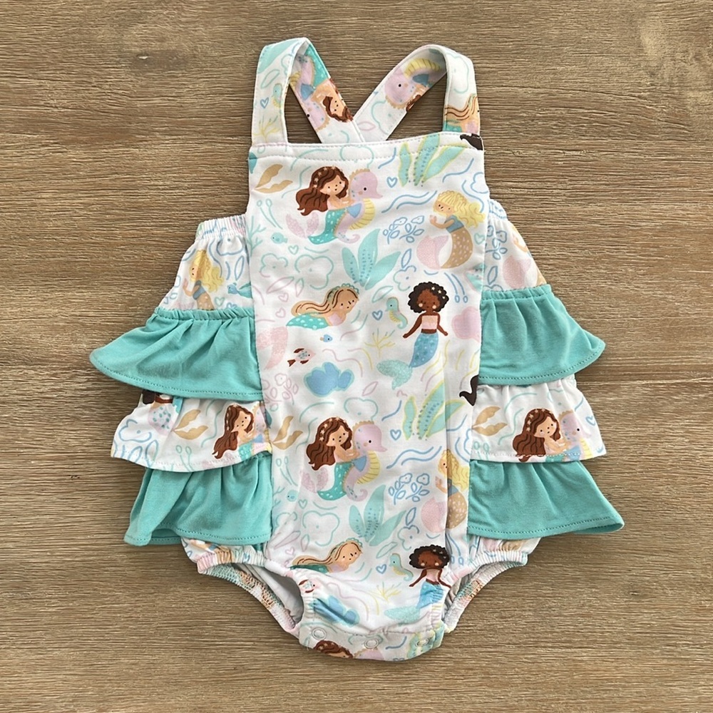 Angel Dear Bamboo Ruffle Sunsuit Bubble Romper Mermaids 0-3 3-6 18-24 months